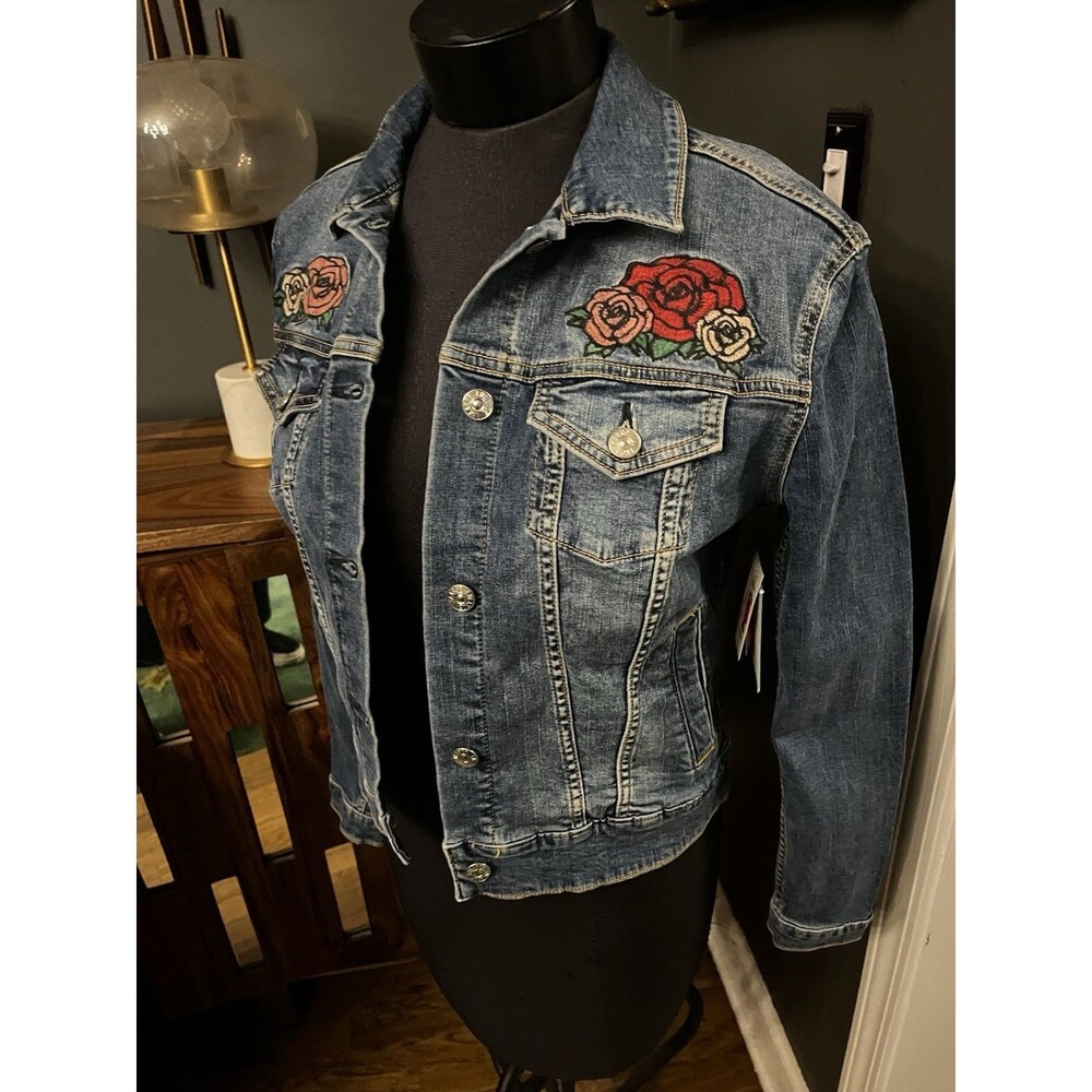 Lularoe Denim Stretch Jean Jacket Rose Embroidery Festival Concert Women Size S